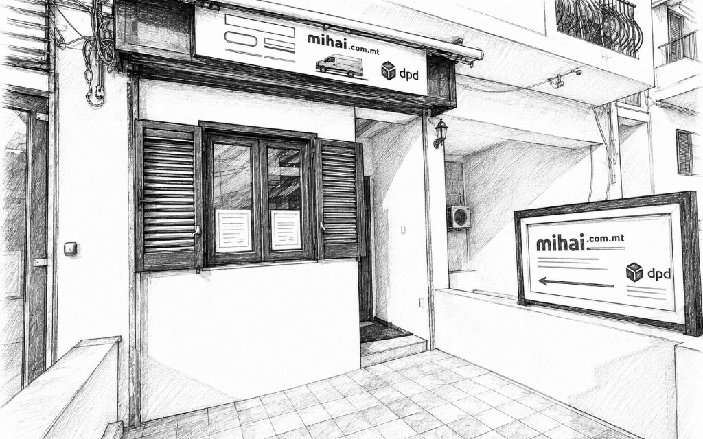 Black-and-white sketch of the Mihai Group postal agency frontage in Qawra