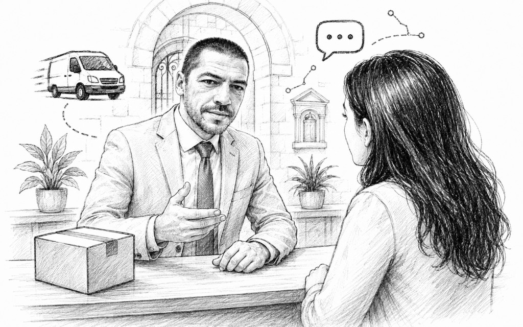 Black-and-white sketch of a customer at the Mihai Group enquiry desk