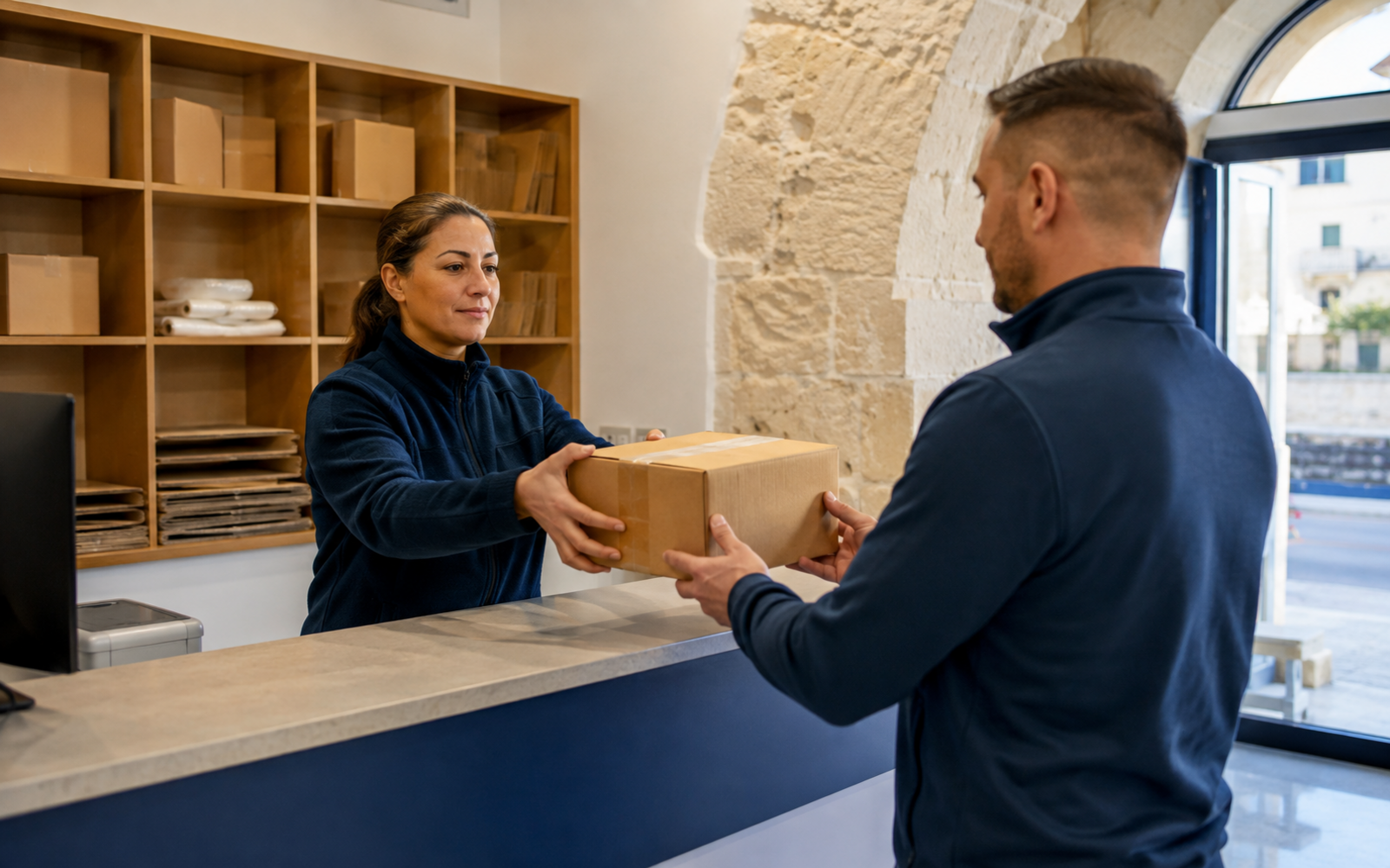 Customer collecting a securely packed parcel at the Mihai Group Malta agency counter