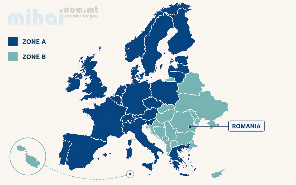 Map of Zone A and Zone B European parcel regions from Malta