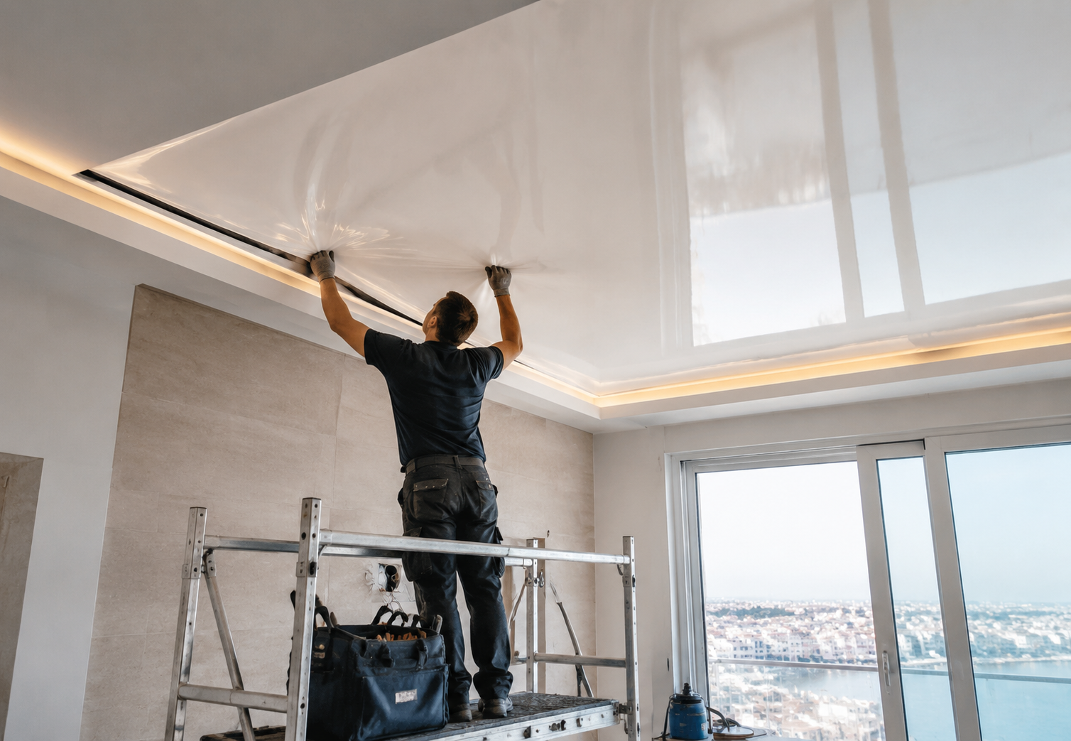 Stretched ceiling installation in a Malta interior